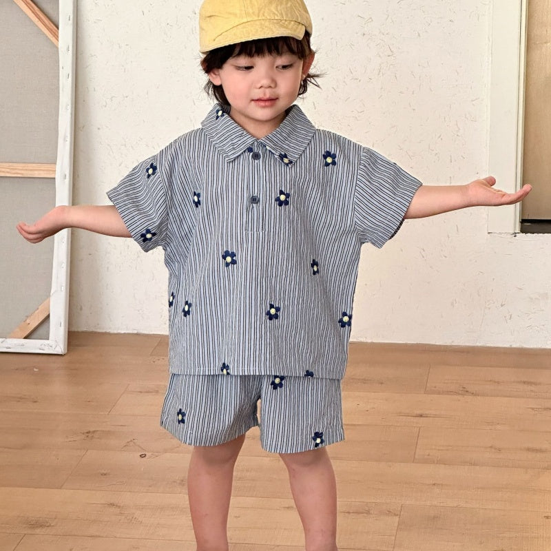 【BABY&KID】夏新作刺繍フラワーストライプセットアップ、ワンピースSK104712