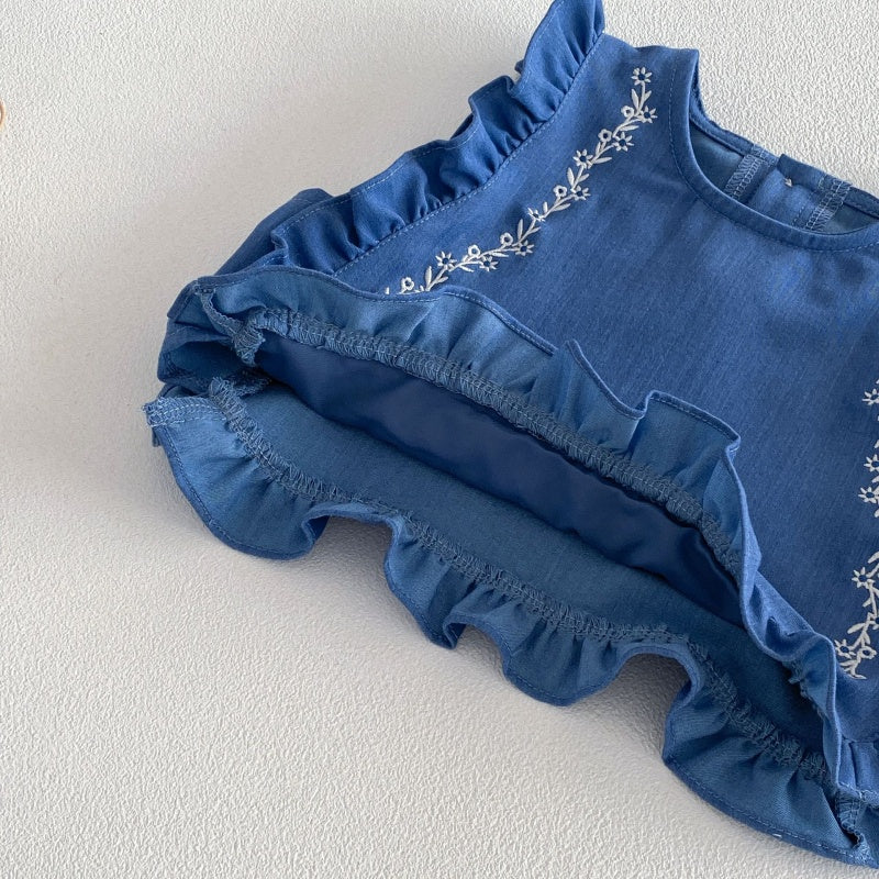 【BABY&KID】刺繍パフスリーブシャツ、刺繍ベスト、デニムパンツSK104122