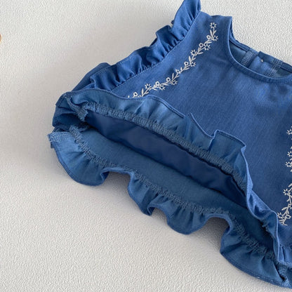 【BABY&KID】刺繍パフスリーブシャツ、刺繍ベスト、デニムパンツSK104122