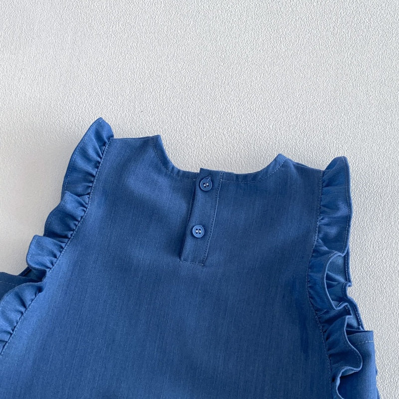 【BABY&KID】刺繍パフスリーブシャツ、刺繍ベスト、デニムパンツSK104122