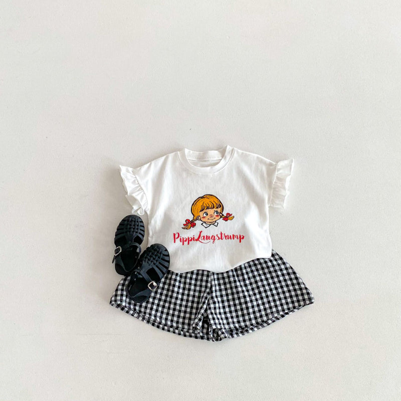【BABY&KID】夏新作 フリル袖Tシャツ、チェックショートパンツSK091219