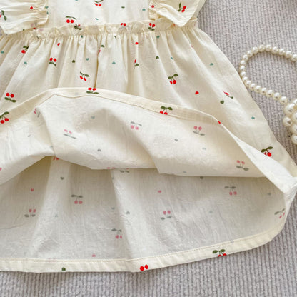 【姉妹服】夏新作 さくらんぼ柄ビッグリボンロンパース、ワンピースSK072321