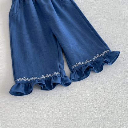 【BABY&KID】刺繍パフスリーブシャツ、刺繍ベスト、デニムパンツSK104122