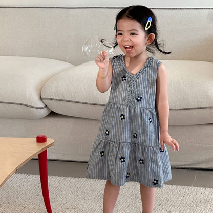 【BABY&KID】夏新作刺繍フラワーストライプセットアップ、ワンピースSK104712