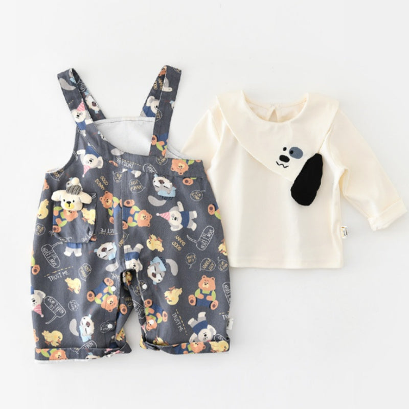 【BABY&KID】いぬ総柄サロペット、いぬ長袖トップスSK107814