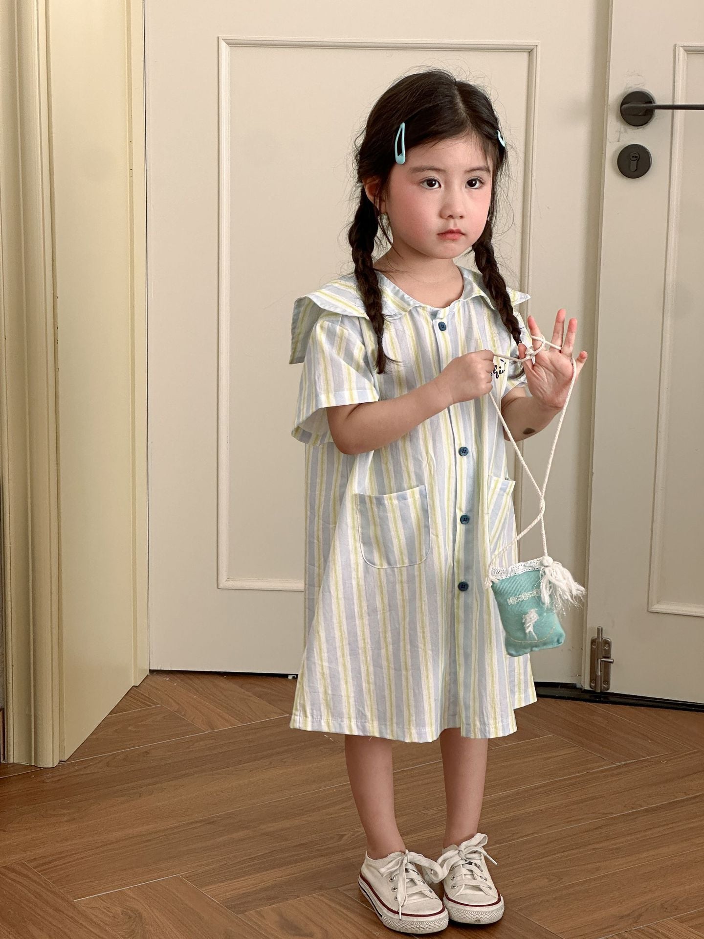 【BABY&KID】夏新作 ポケット付きストライプワンピース、セットアップSK072108