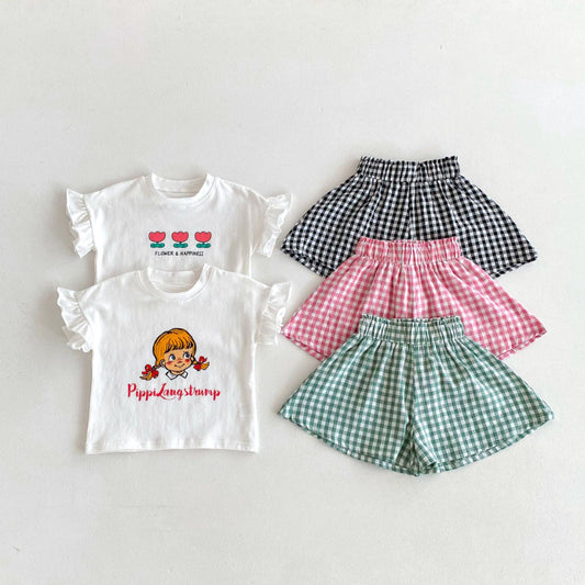 【BABY&KID】夏新作 フリル袖Tシャツ、チェックショートパンツSK091219