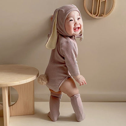 【BABY】ウサギ耳帽子付け純色綿製ロンパースセット２色SK11362
