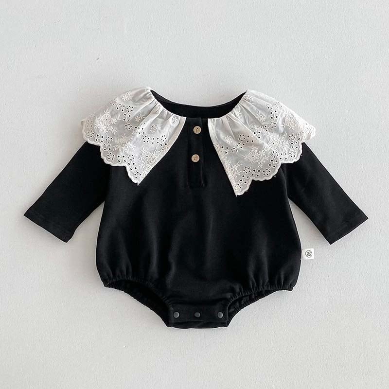 【BABY】花刺しゅう入りレース襟無地ロンパース２色SK11360
