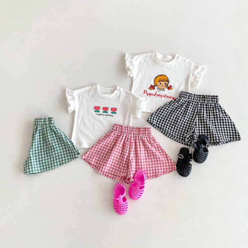 【BABY&KID】夏新作 フリル袖Tシャツ、チェックショートパンツSK091219