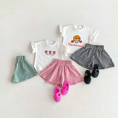 【BABY&KID】夏新作 フリル袖Tシャツ、チェックショートパンツSK091219