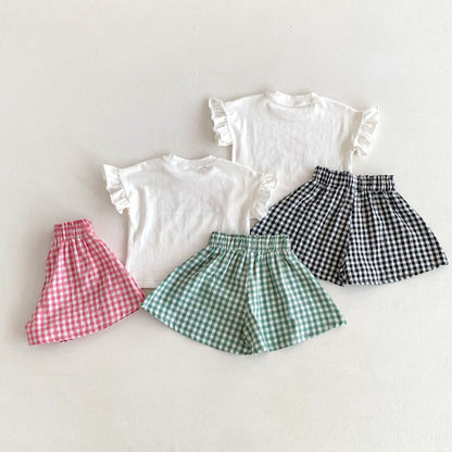 【BABY&KID】夏新作 フリル袖Tシャツ、チェックショートパンツSK091219