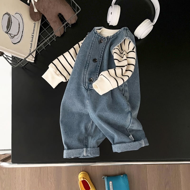 【BABY】デニムノースリーブサロペット、ボーダーＴシャツSK051305