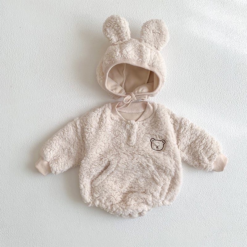 【BABY】冬新作クマ柄帽子付き起毛ロンパース　全2色SK11389