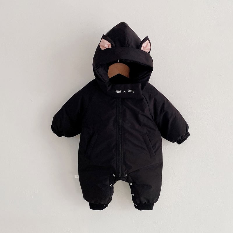 【BABY&KID】冬新作ネコ柄帽子付き中綿キルティングオールインワン　全2色SK11386