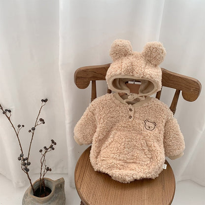 【BABY】冬新作クマ柄帽子付き起毛ロンパース　全2色SK11389