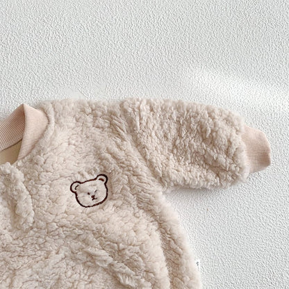 【BABY】冬新作クマ柄帽子付き起毛ロンパース　全2色SK11389