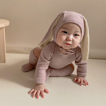 【BABY】ウサギ耳帽子付け純色綿製ロンパースセット２色SK11362