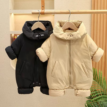 【BABY&KID】冬新作ネコ柄帽子付き中綿キルティングオールインワン　全2色SK11386