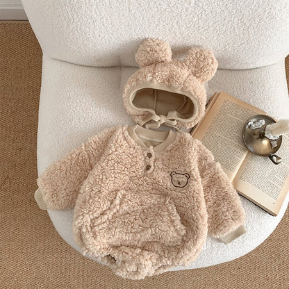 【BABY】冬新作クマ柄帽子付き起毛ロンパース　全2色SK11389