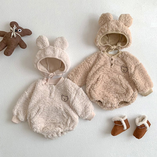 【BABY】冬新作クマ柄帽子付き起毛ロンパース　全2色SK11389