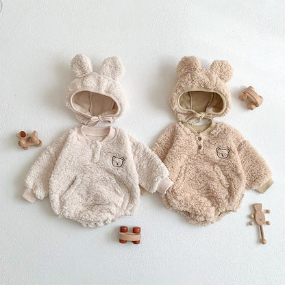 【BABY】冬新作クマ柄帽子付き起毛ロンパース　全2色SK11389