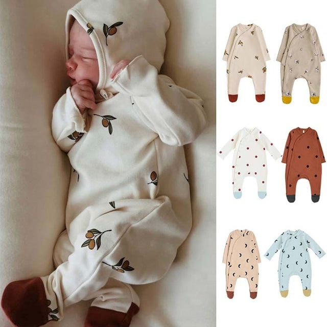 【BABY】帽子＆靴下付け月OR花ORドット柄ロンパース全６色SK11355