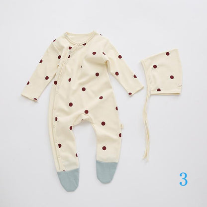 【BABY】帽子＆靴下付け月OR花ORドット柄ロンパース全６色SK11355