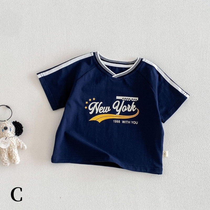 【BABY&KID】夏新作VネックロゴTシャツ、ボーダーショートパンツSK105515