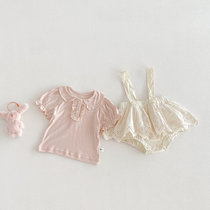 【BABY】夏新作 パフスリーブTシャツ＆レースサロペットショートパンツSK104817