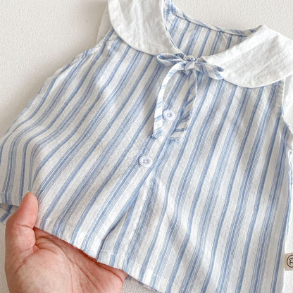 【BABY】夏新作丸襟ストライプノースリーブシャツ＆フリルショートパンツSK104618