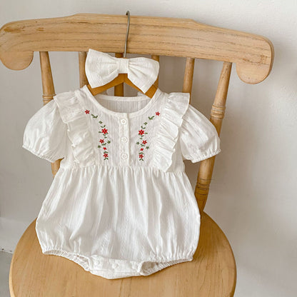 【BABY】夏新作 コットンのスタイリッシュな刺繍入りラウンドネックロンパースSKO70706