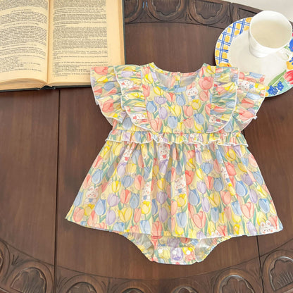【BABY&KID】夏新作 花柄うさぎロンパース、ロンパースワンピ、ワンピースSK090713