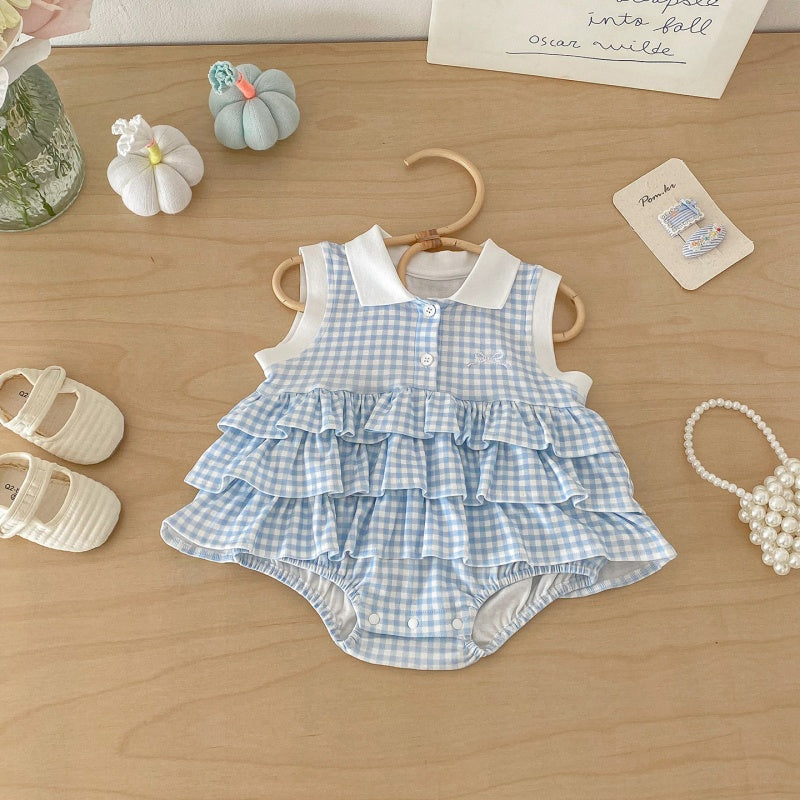 【BABY】夏新作格子柄蝶結び刺繍ロンパースSK104501