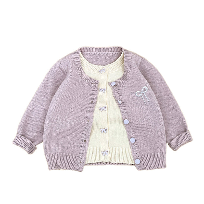 【BABY&KID】フェイクレイヤード蝶結び刺繍ニットカーディガンSK100213