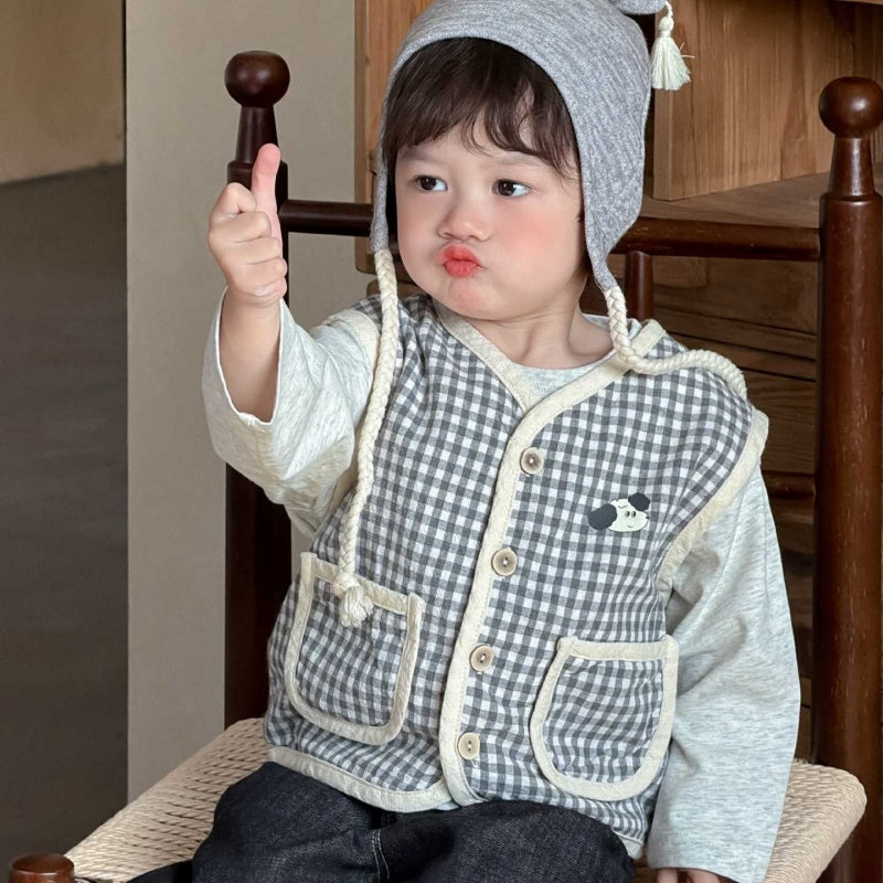 【BABY&KID】チェックベスト、ぞうさん長袖、ストレートデニムパンツSK104011