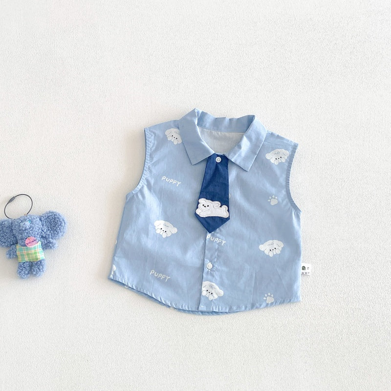 【BABY】夏新作いぬ刺繍ネクタイシャツ、デニムショートパンツSK104806