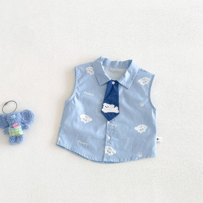 【BABY】夏新作いぬ刺繍ネクタイシャツ、デニムショートパンツSK104806