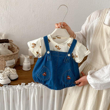 【BABY】夏新作くま刺繍デニムロンパース＆くまTシャツSK104509