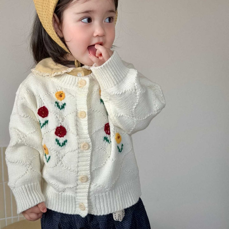 【BABY&KID】カラフル小花ニットカーディガン、丸襟長袖、ドットデニムパンツSK104004