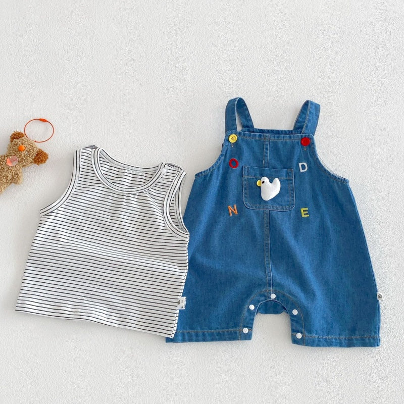 【BABY】夏新作大きめポケット刺繍サロペット＆ボーダータンクトップSK104505