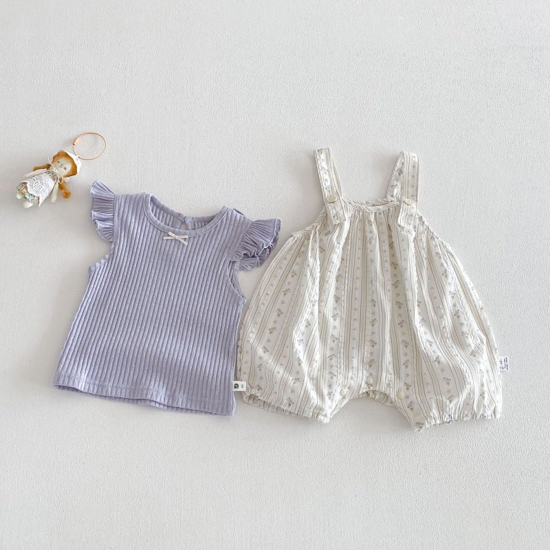 【BABY】夏新作フリルスリーブTシャツ＆小花柄サロペットSK104502