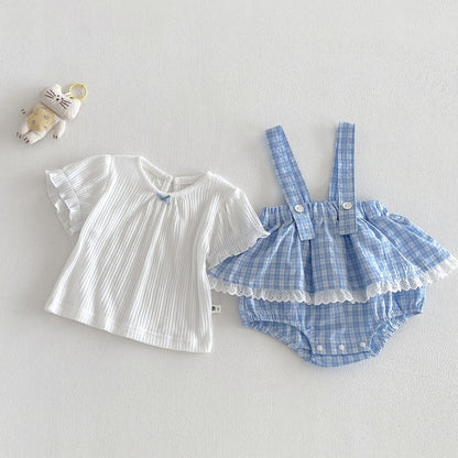 【BABY】夏新作格子柄サロペットロンパース＆リブTシャツSK104512