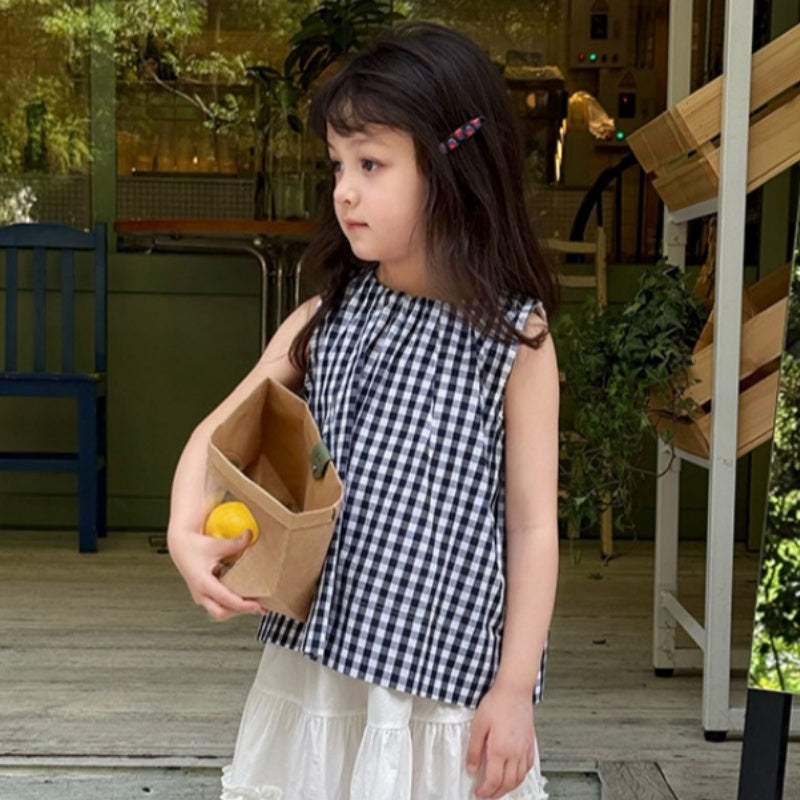 【BABY&KID】夏新作 ノースリーブチェックガールシャツ、無地スカートSK092632