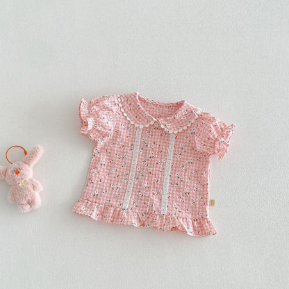 【BABY&KID】夏新作小花柄レースフリルシャツ、パンツSK105022