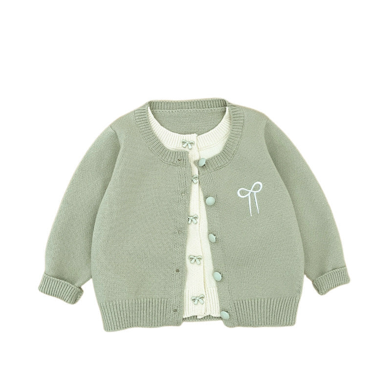 【BABY&KID】フェイクレイヤード蝶結び刺繍ニットカーディガンSK100213