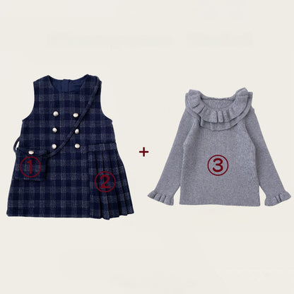 【BABY&KID】冬新作 チェックジャンパースカート＆フリルニット＆バッグ3点セットSK102430