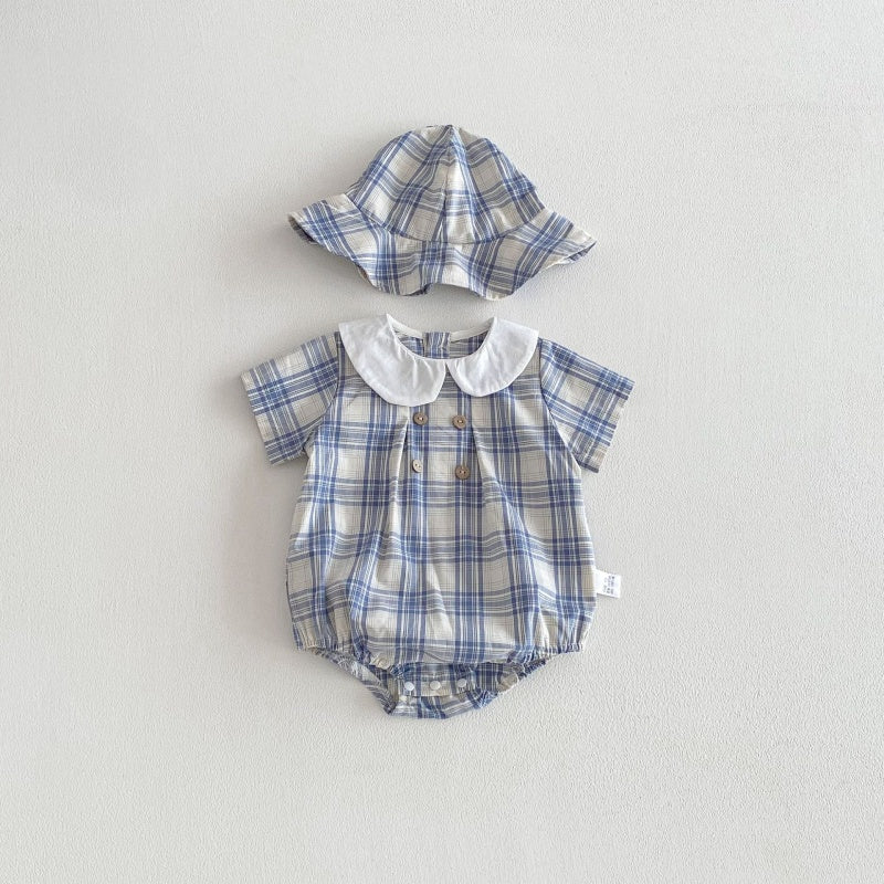 【BABY】夏新作格子柄ロンパース＆帽子SK104607