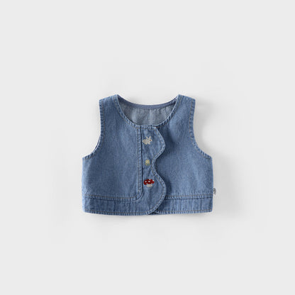 【BABY&KID】丸襟刺繍ブラウス、うさぎベスト、刺繍デニムパンツSK100320