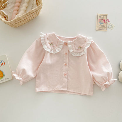 【BABY&KID】夏新作 ピンク刺繍ブラウス、刺繍フレアパンツセットSK070610